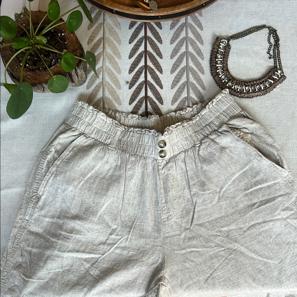 Beige Elastic Waist Pants - Linen + Rayon